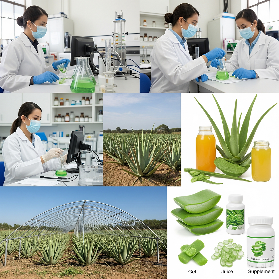Scientists in a lab analyze green liquid. Scenes of aloe vera plants, products like gel, juice, supplements. Agricultural and lab settings.