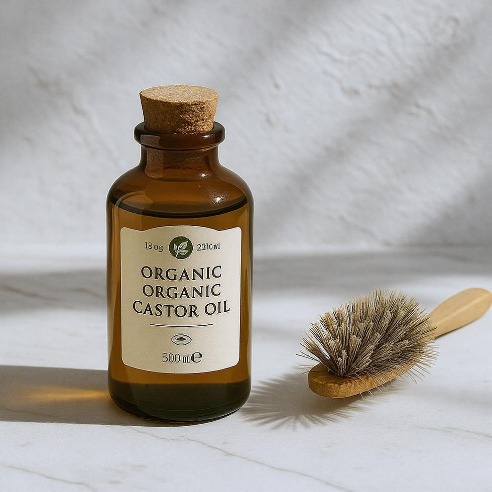 Brown bottle labeled "Organic Castor Oil" and a dry brush on white marble surface. Shadows create a minimalist, natural feel.