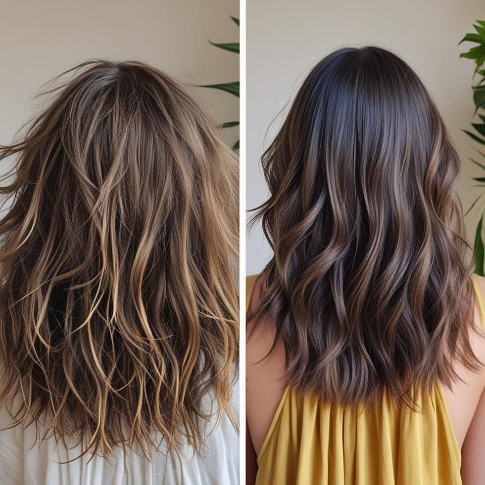 Two side-by-side images showing a woman's hair transformation. Left: messy, light brown hair. Right: sleek, dark brown waves. Indoor setting.
