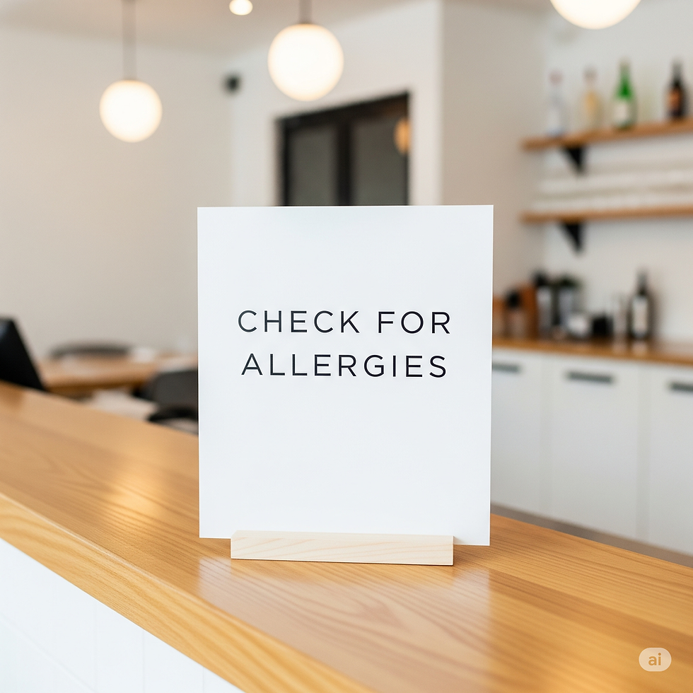 Sign on a wooden counter reads "Check for Allergies" in a bright, modern kitchen with hanging lights and shelves in the background.