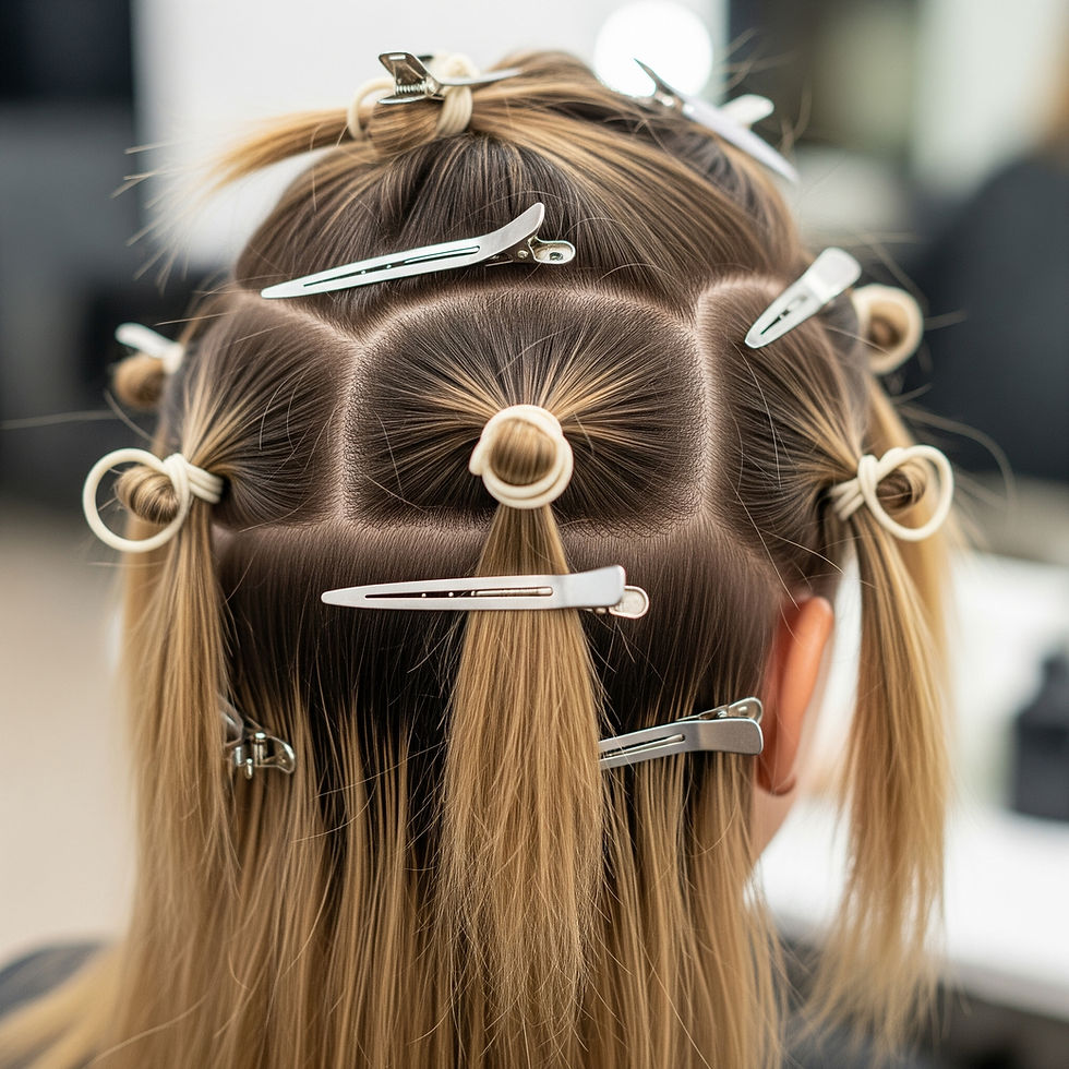 Close-up of a person's hair sectioned into small squares, clipped with silver pins and tied with bands, in a salon setting.