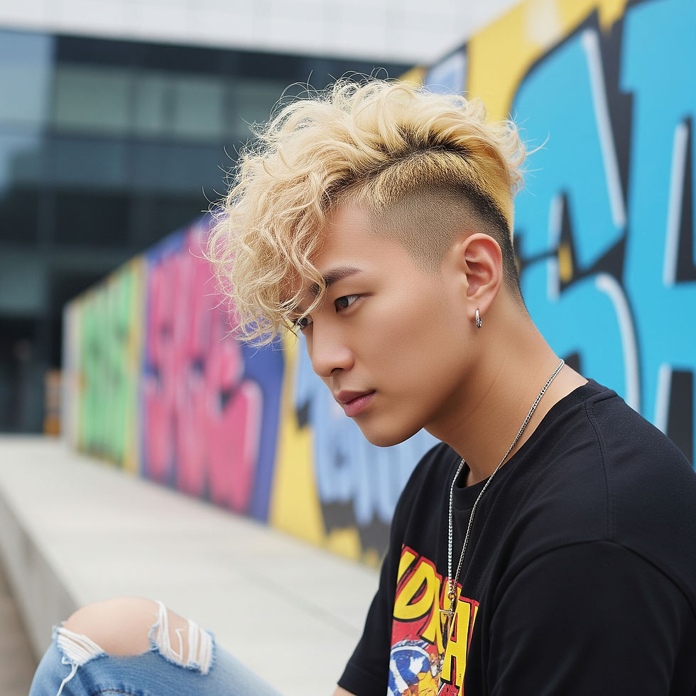 Young person with curly blonde hair, wearing a black t-shirt and ripped jeans, sitting by colorful graffiti on a modern building background.
