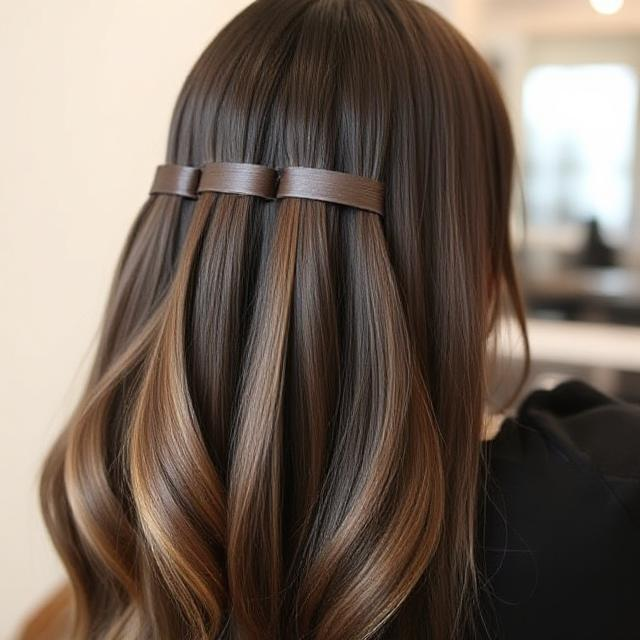 tape in hair extensions brown hair lady at hair salon