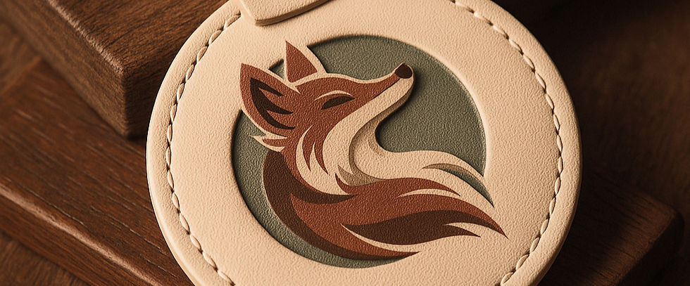 Round leather fox emblem on a wooden surface, with tan stitching and a brown-and-cream stylized fox head design.