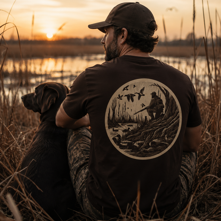 Hunter sitting beside a dog at sunset wearing a Fowl Traditions branded shirt in a marsh landscape.