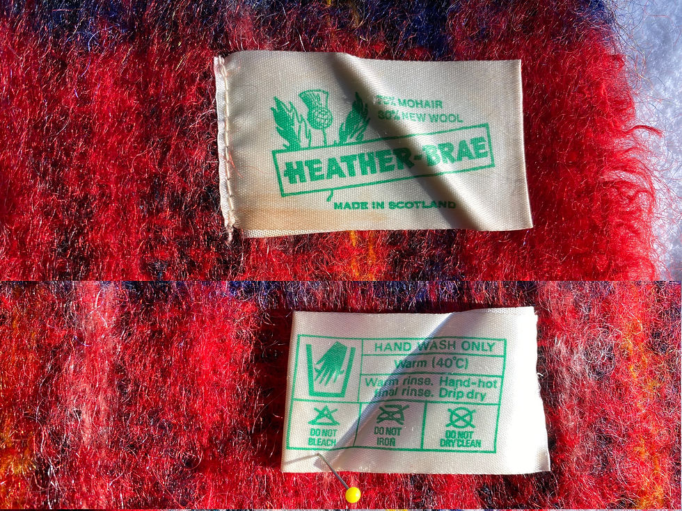 Thumbnail: Front and back of Heather-Brae wool scarf label