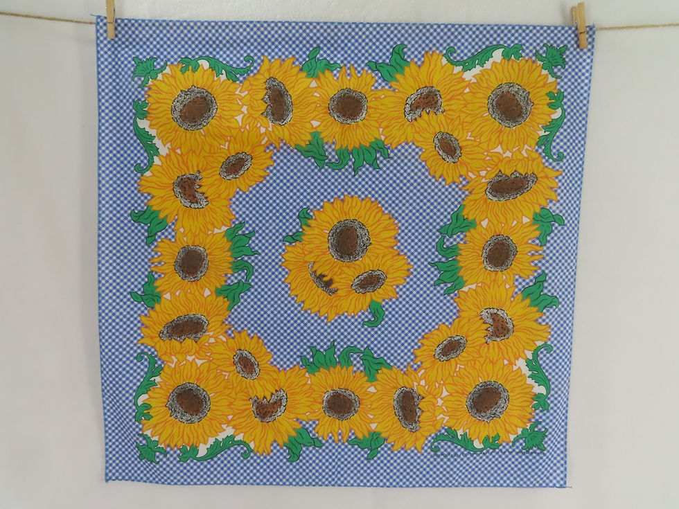 Blue and white checked bandana with bright yellow sunflowers