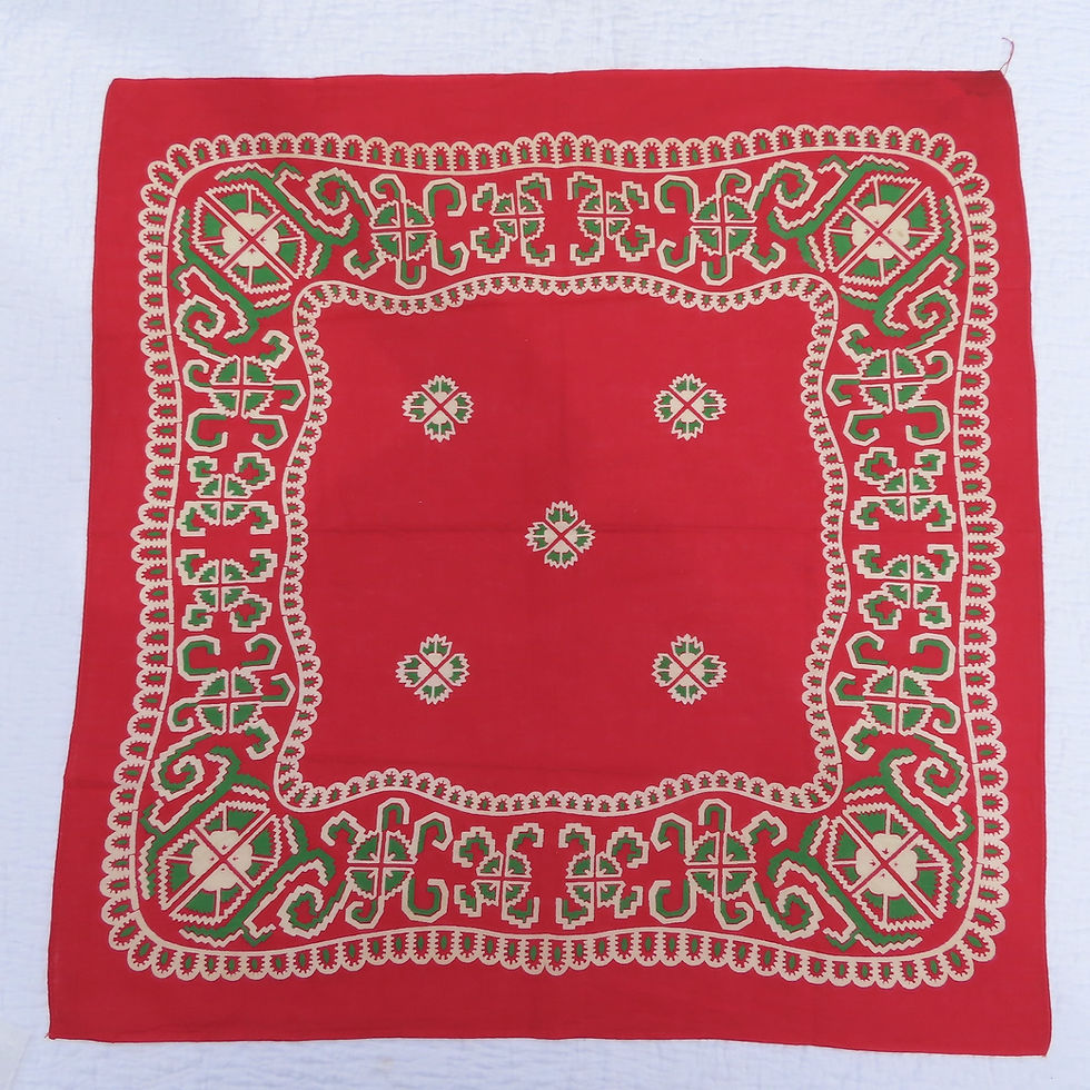 Thumbnail: Red and green print bandana handkerchief from the early 1900s