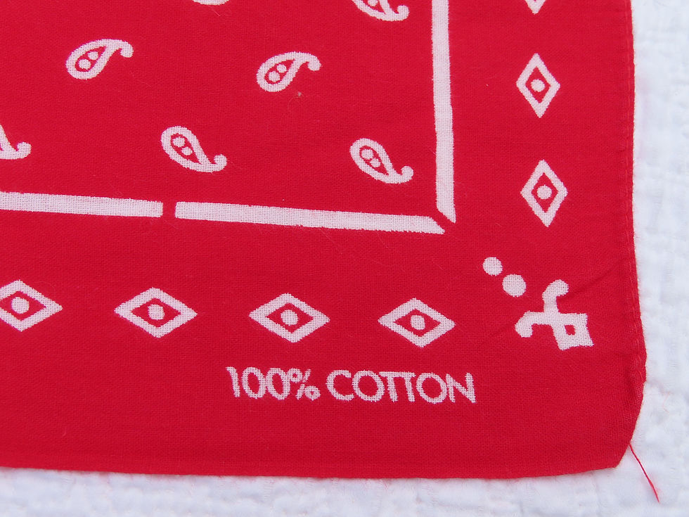 Thumbnail: Corner of Oshkosh bandana says 100% cotton