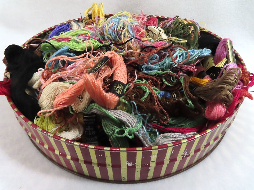Thumbnail: Details of some embroidery thread in striped metal box