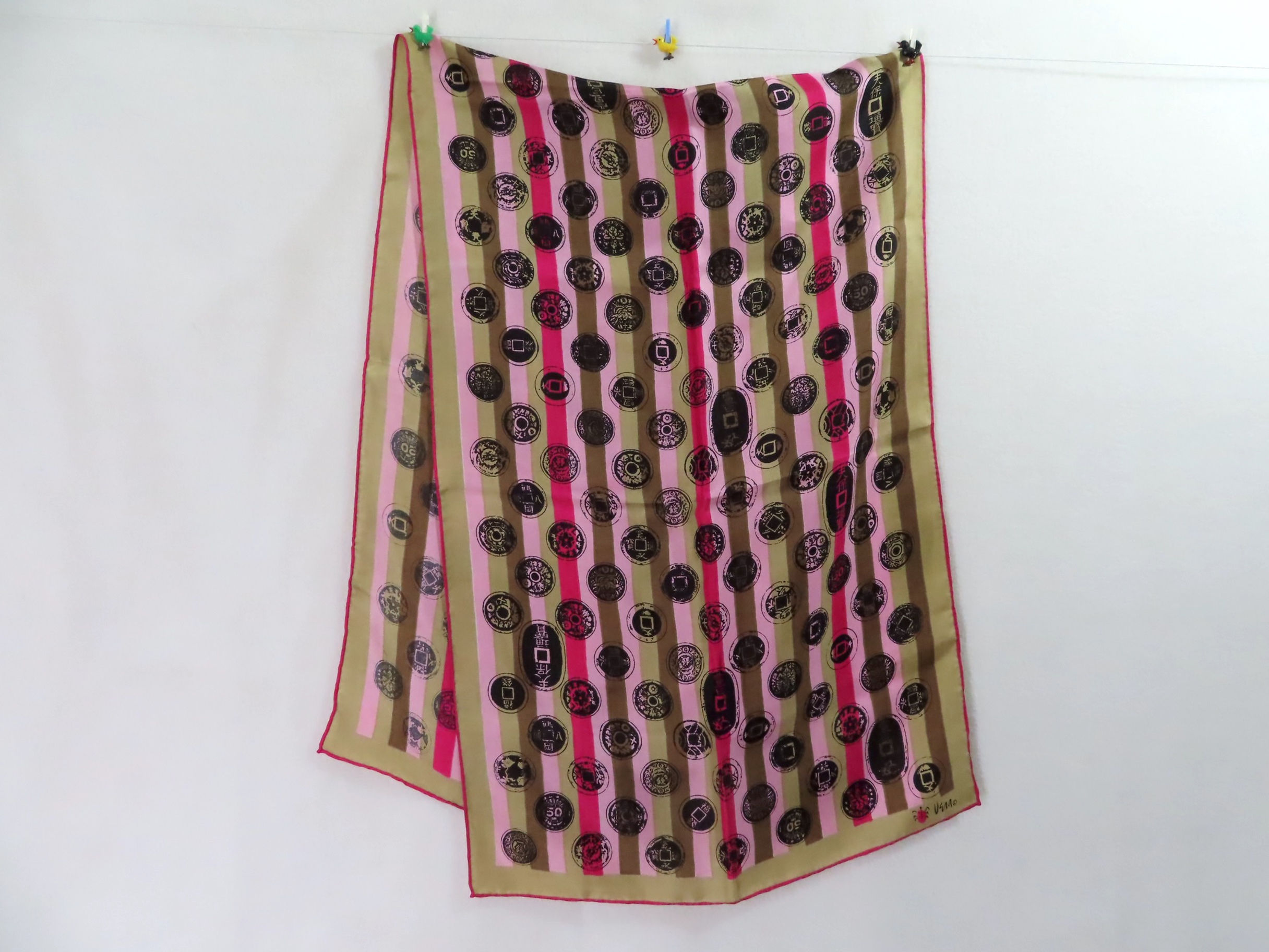 Vintage Vera Silk Scarf Chinese Coins Stripes