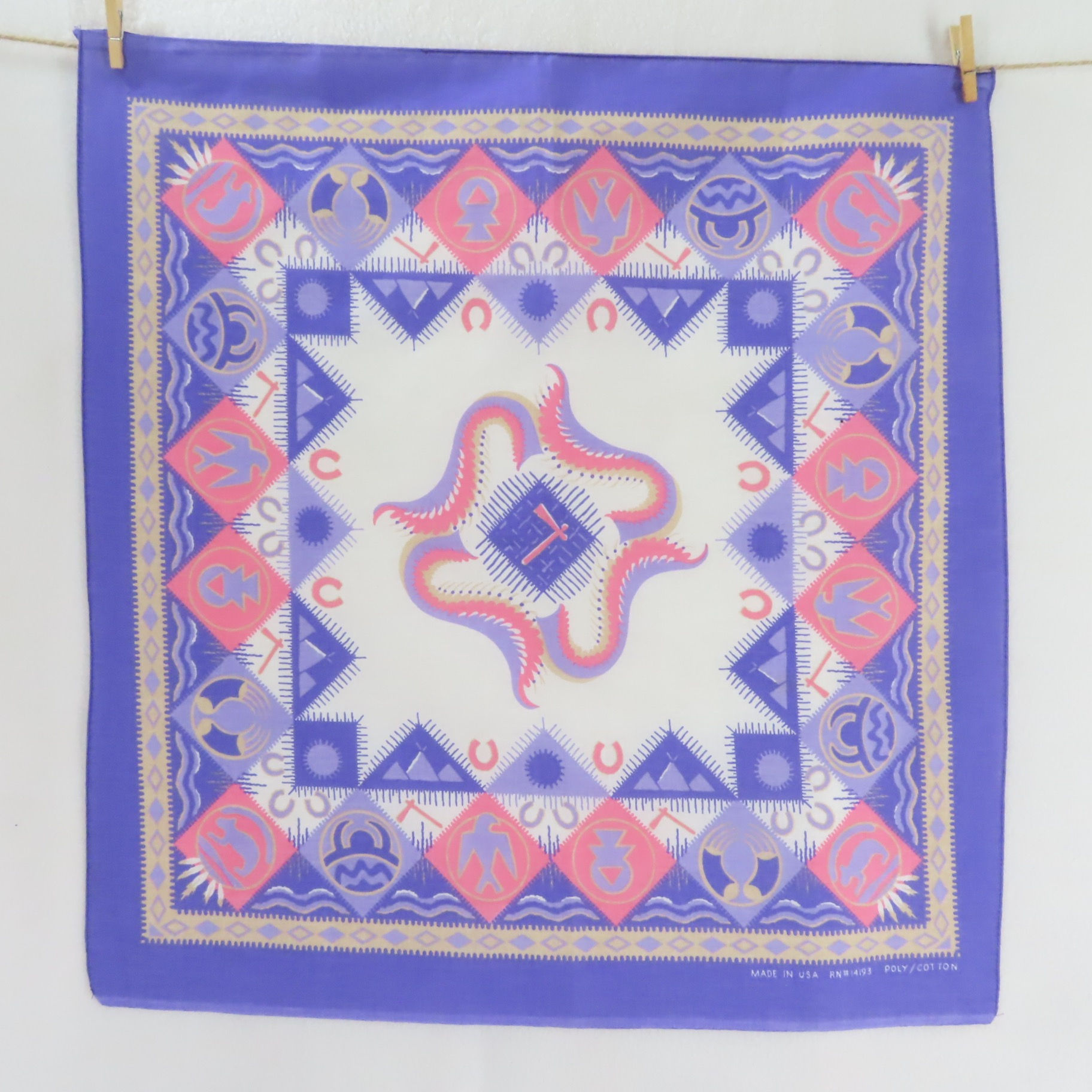 Purple, pink, tan and white southwestern print bandana from the 80s