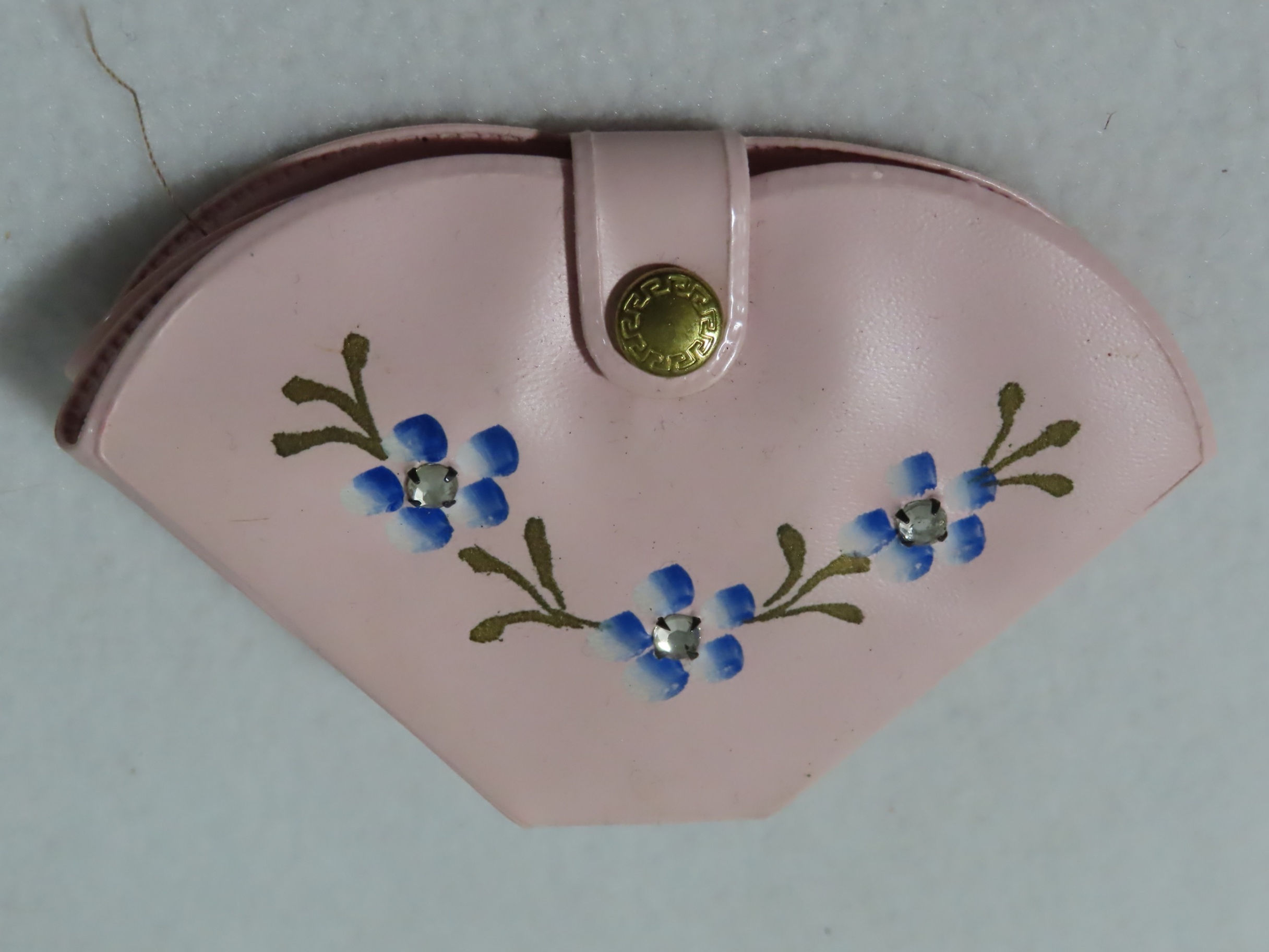 50s Sewing Kit Pink Floral Rhinestones Scissors Thimble Thread