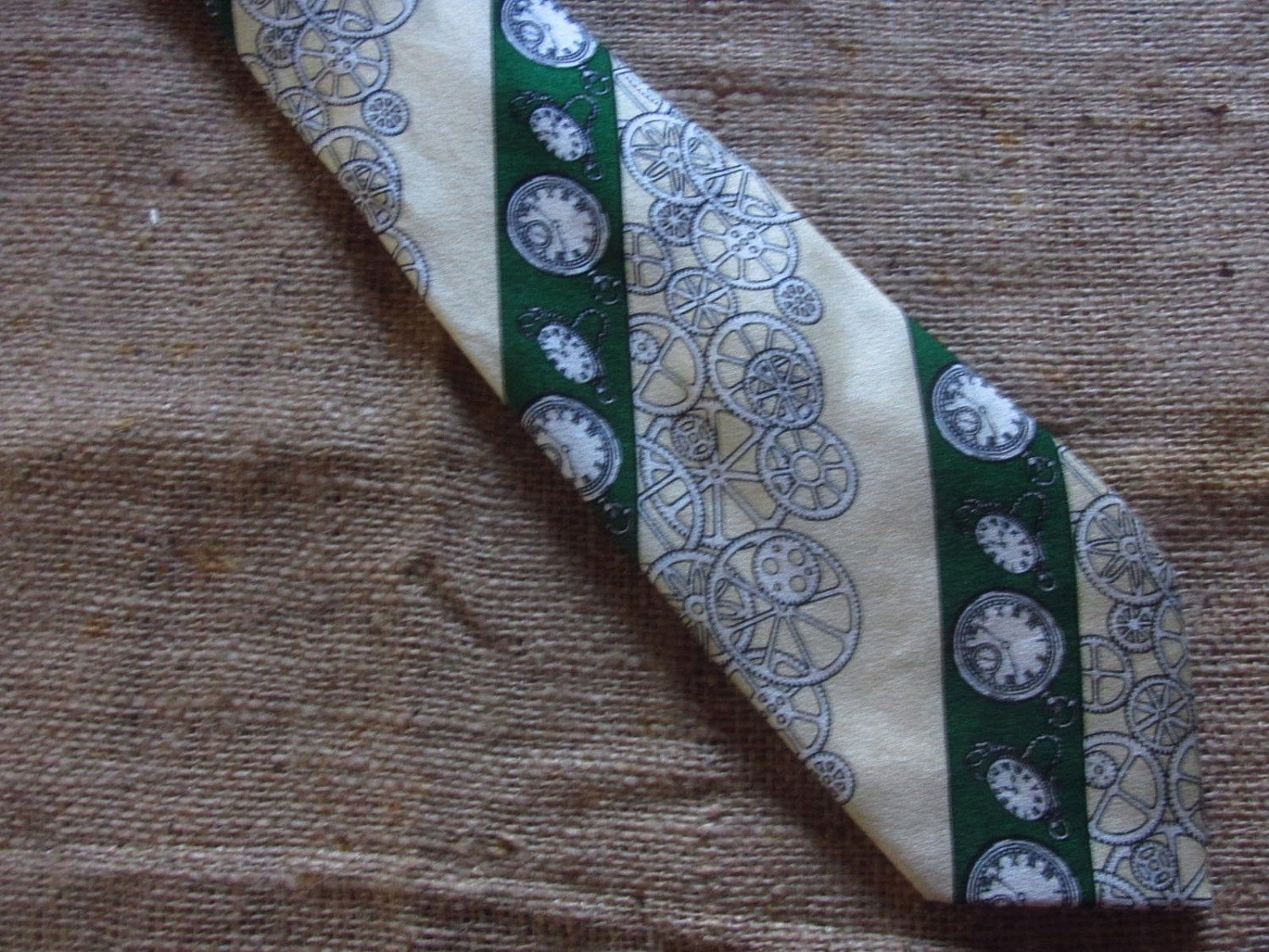 Vintage Silk Tie Steampunk Watches Gears Green Yellow Stripes