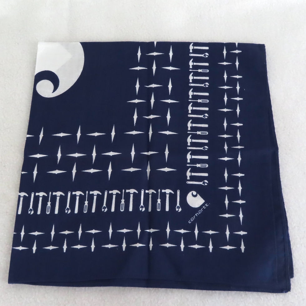 Dark blue Carhartt bandana handkerchief, folded into a square