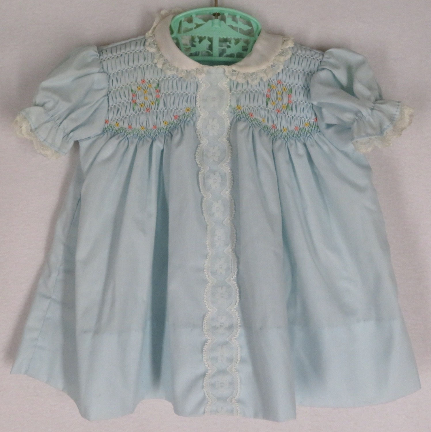 Vintage blue smocked baby dress with white Peter Pan collar