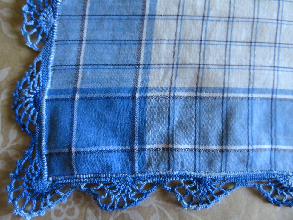 Thumbnail: Closeup of blue crochet lace trim on plaid hanky