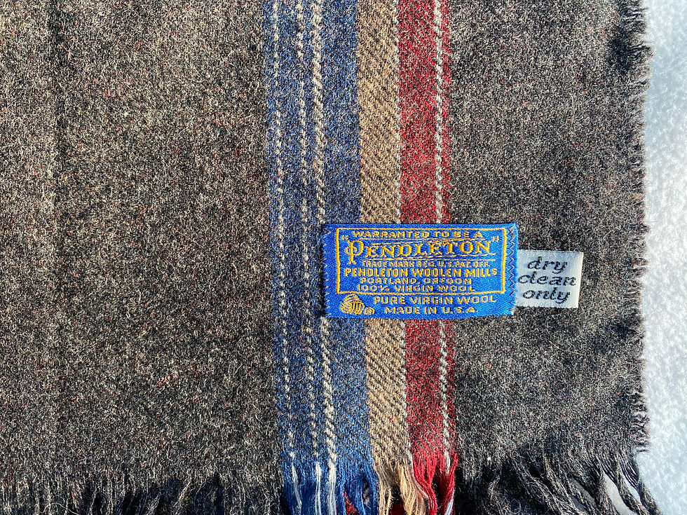 Pendleton label on gray striped wool scarf
