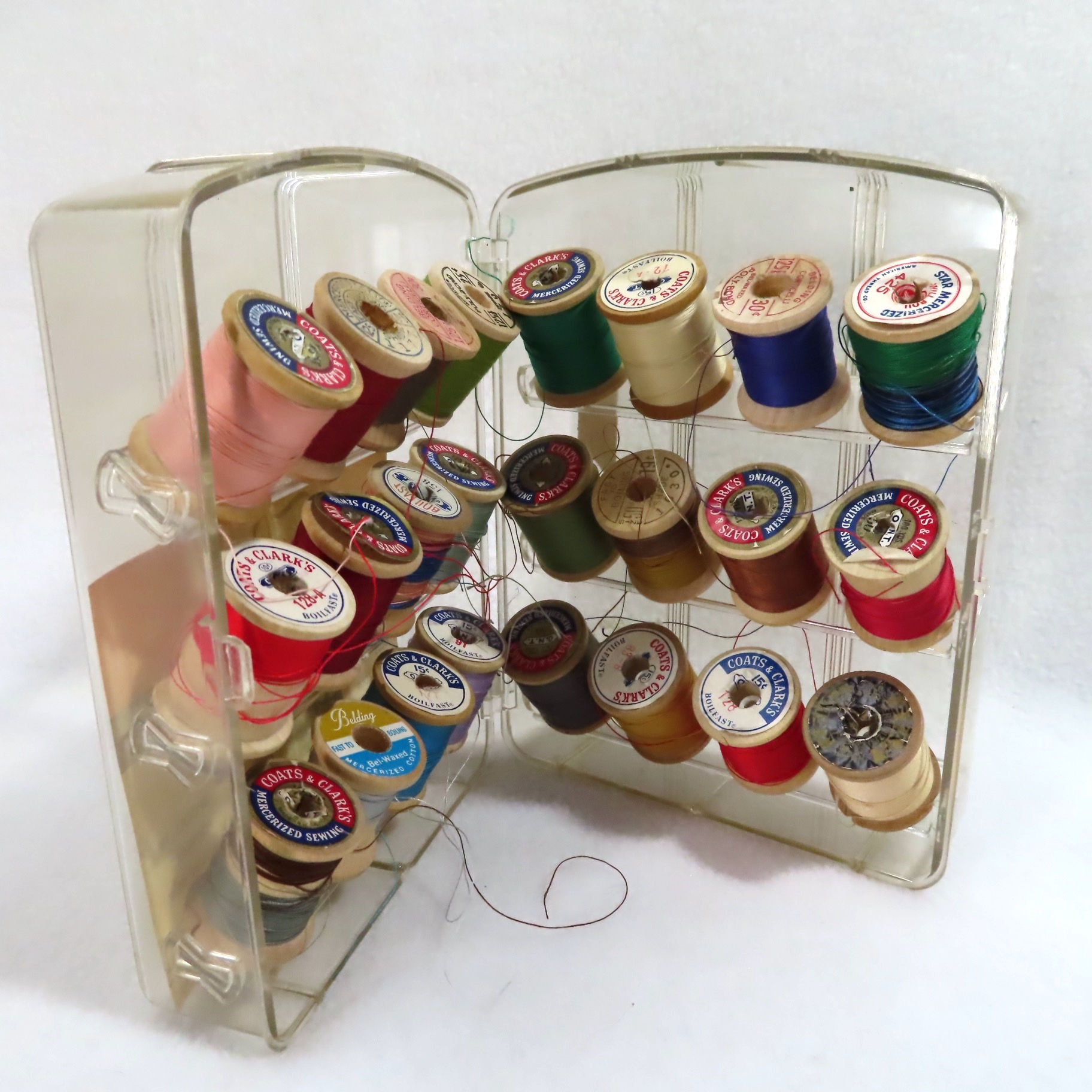 Vintage Lady Beth clear plastic sewing caddy or thread holder with colorful spools of thread