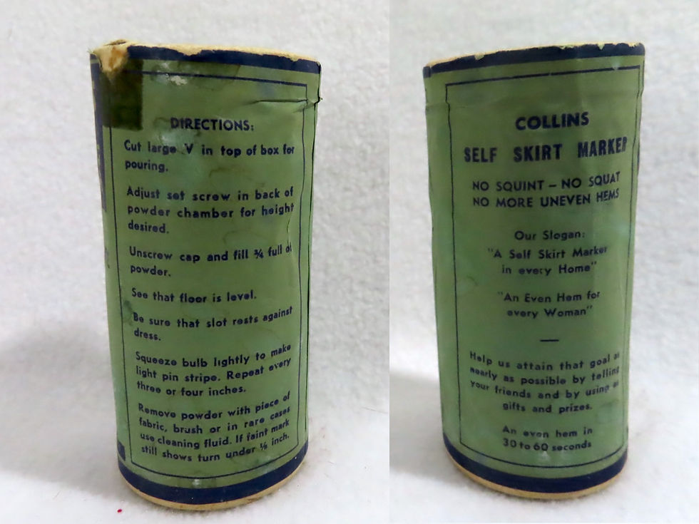 Thumbnail: Instructions printed on green sewing powder tube from the 30s