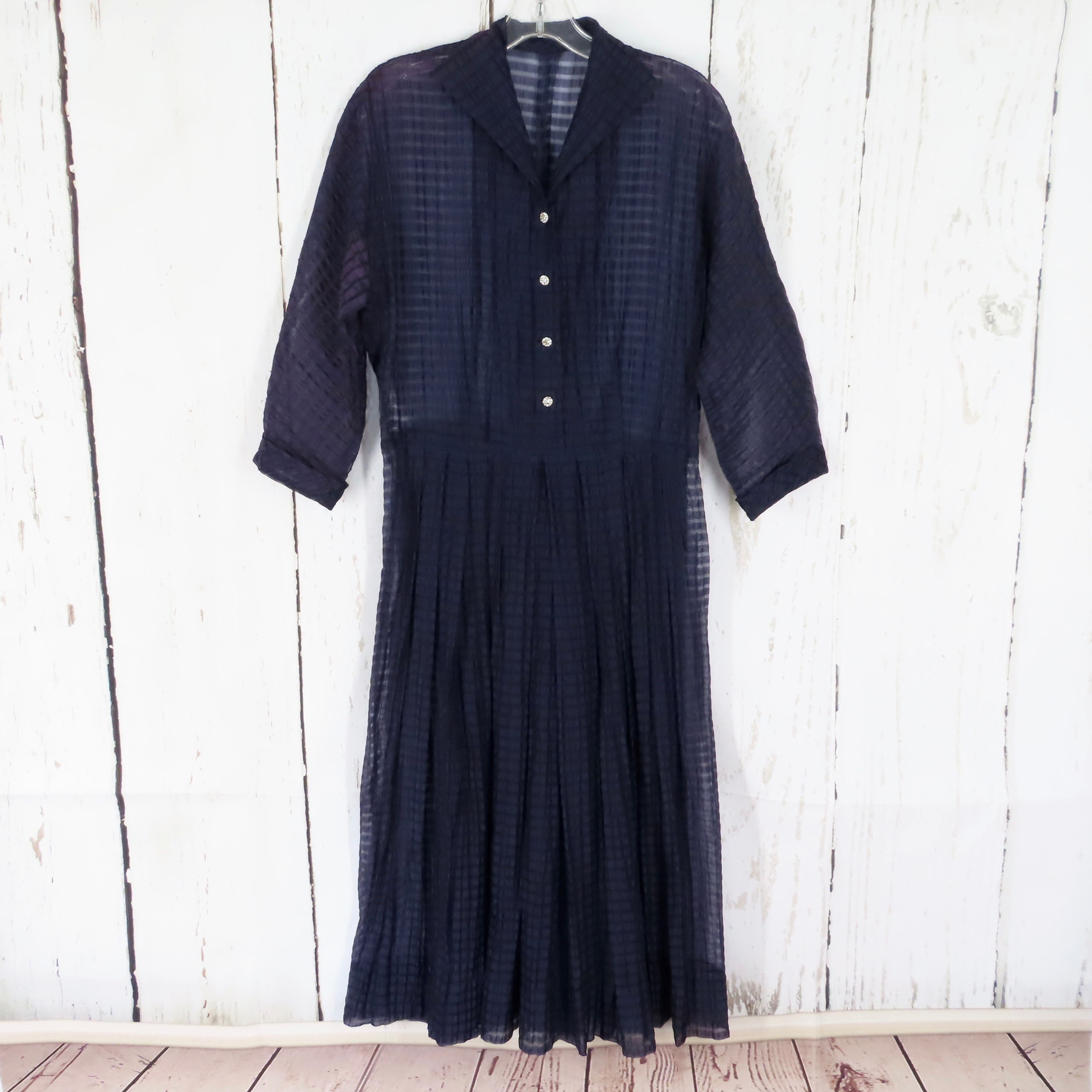 Sheer dark blue 50s dress with pleated waist