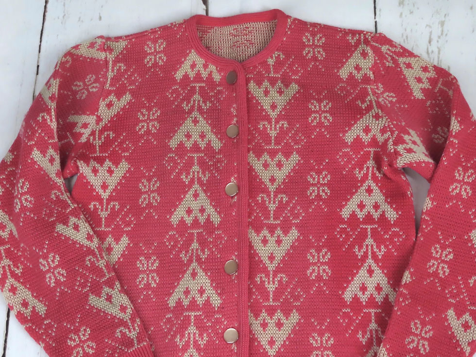 Thumbnail: Closeup intarsia pattern on vintage pink & off white cardigan