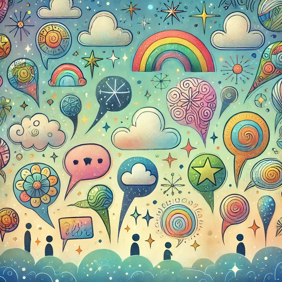A myriad of whimsical speech bubbles representing many points of view