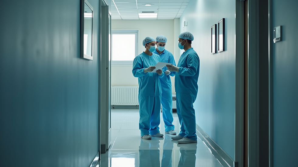 High angle view of a cleaning team reviewing procedures together