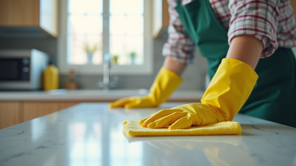 Close-up view of a professional cleaner wiping a kitchen countertop