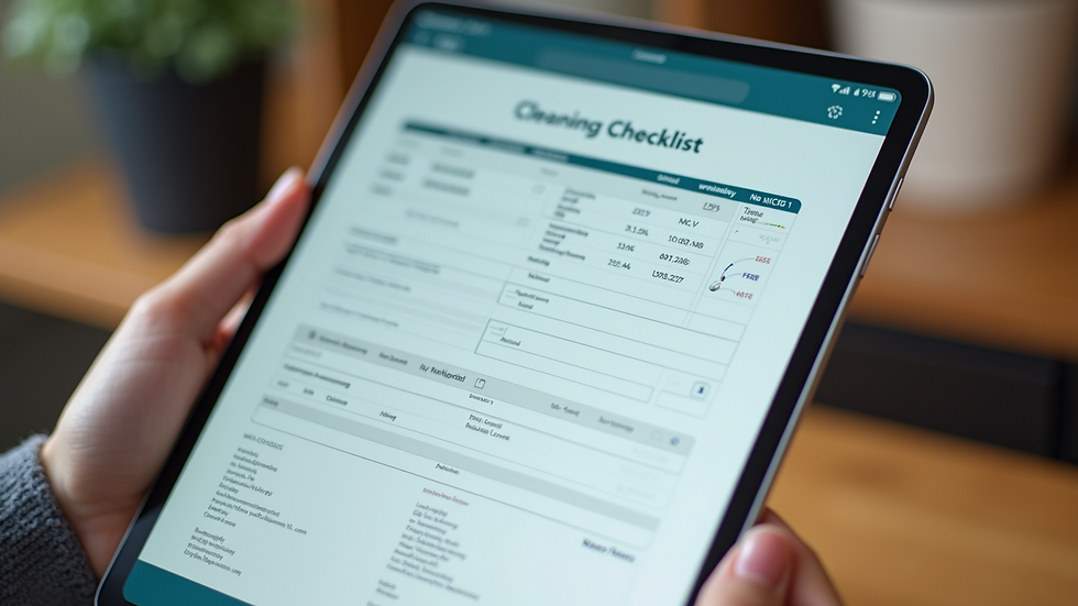 Close-up view of a cleaning checklist and scheduling software on a tablet