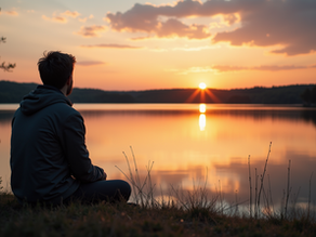 Un bărbat privind soarele în depărtare