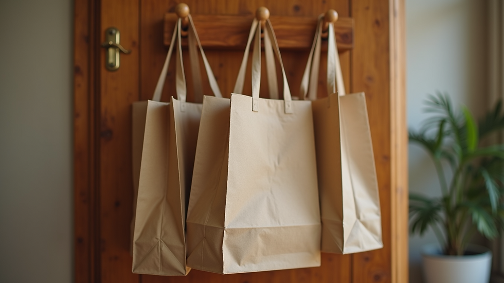 Eye-level view of reusable shopping bags hanging on a wooden door