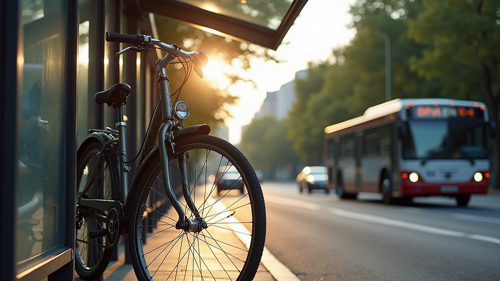 Eye-level view of a bicycle parked near a city bus stop