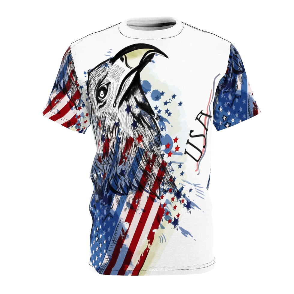 Thumbnail: Patriotic tees displayed on a clothing rack in various sizes.
