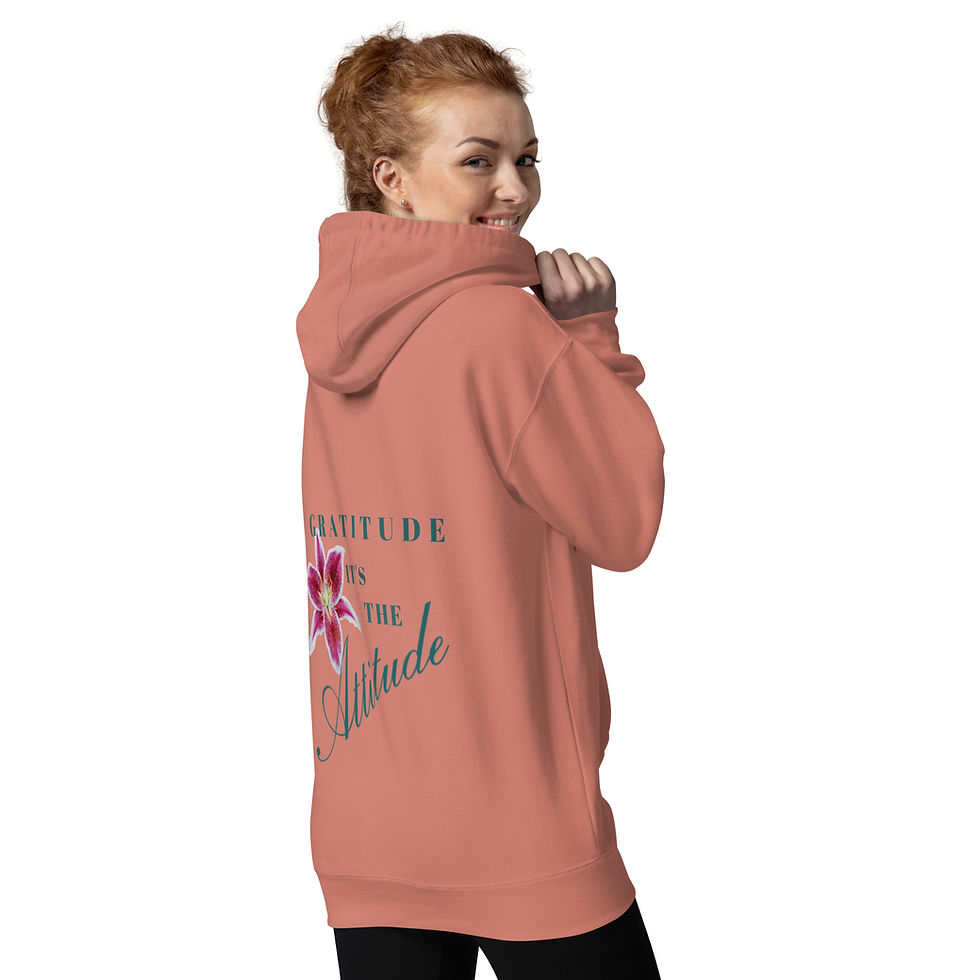 Thumbnail: Woman wearing dusty rose women's hoodie with pink lily plant floral design on front