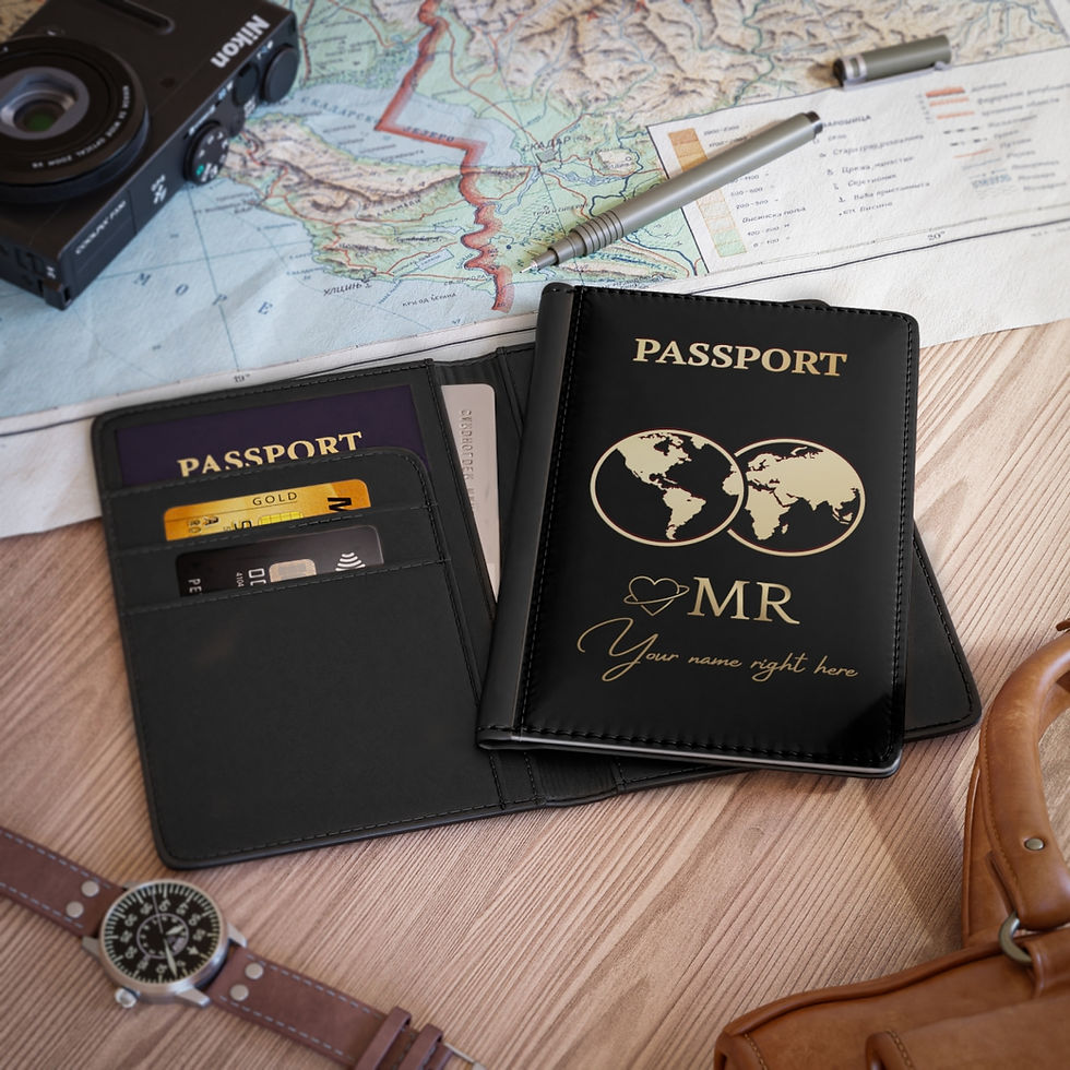Golden Travel Harmony - Mr. and Mrs. Passport Cover, Personalized Black World Map Design