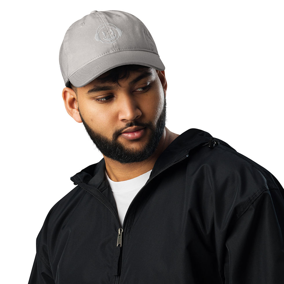 Thumbnail: Close up of grey Champion Hat with smiley face design