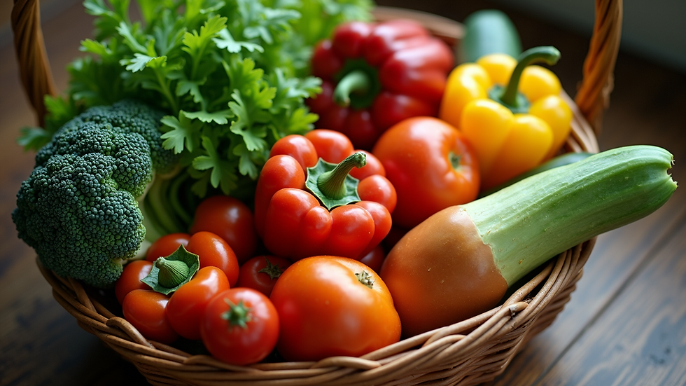 High angle view of a basket filled with fresh local vegetables