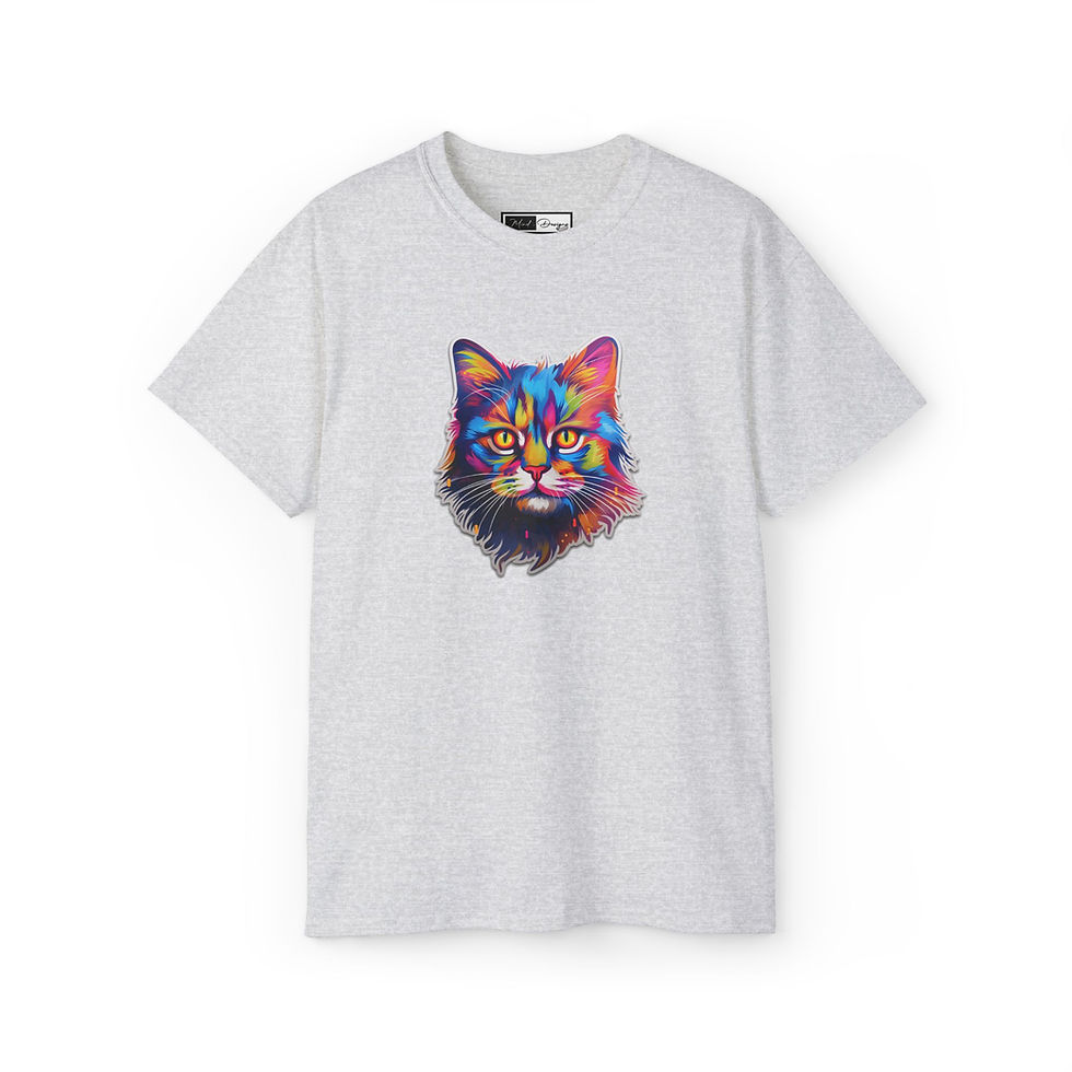 Thumbnail: Psychedelic rainbow cat design on back of unisex graphic tee