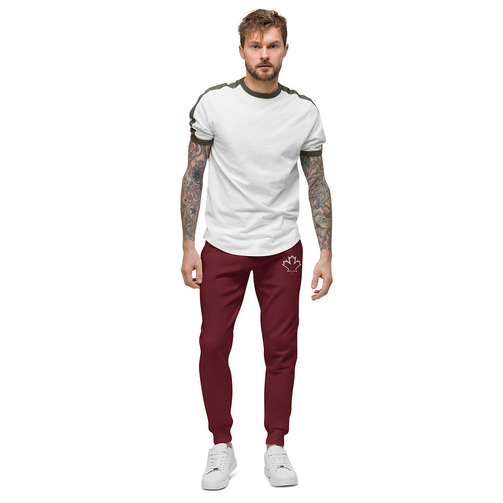 Thumbnail: Urban-inspired maroon sweatsuit with bold Canadian Maple Leaf accents.