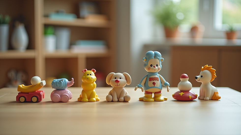 Close-up view of educational toys arranged neatly on a low table