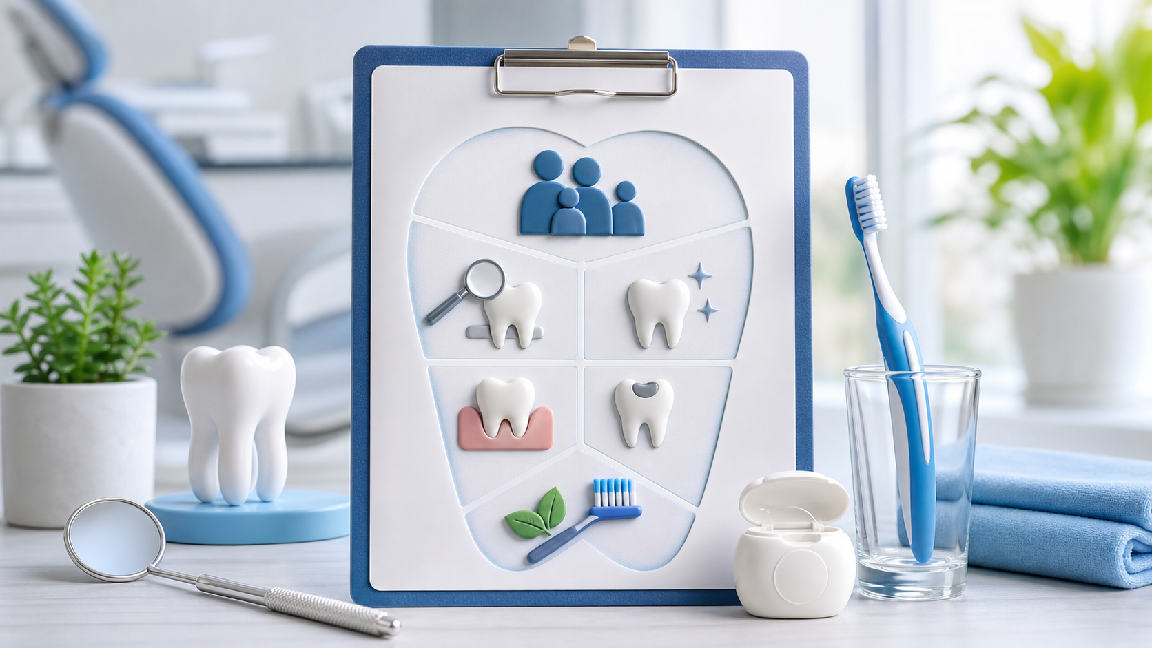 Family dental care visual showing checkups, cleanings, gum health, fillings, and oral hygiene guidance.