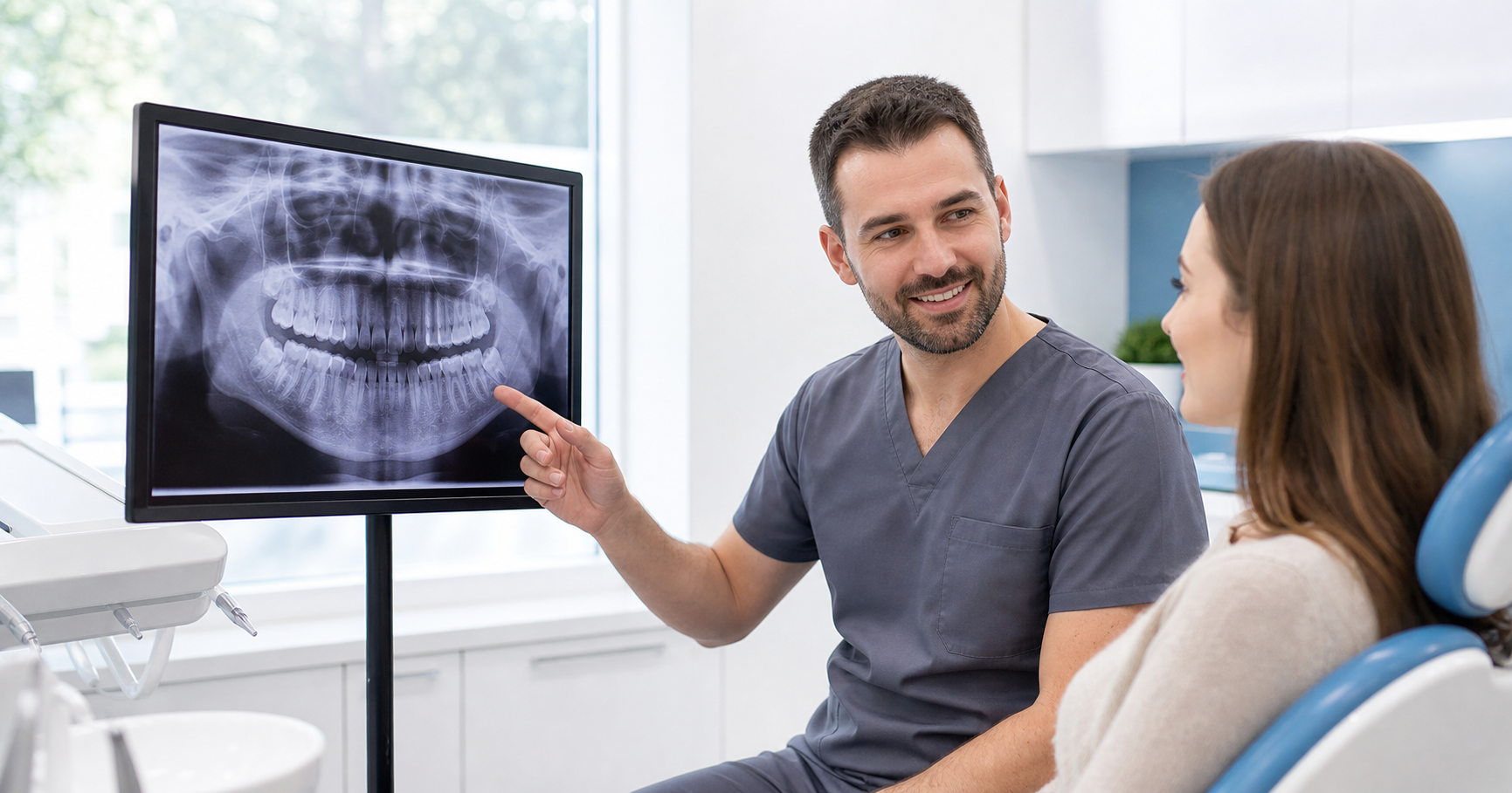 Dentist reviewing a panoramic dental X-ray with a patient during a wisdom teeth consultation in a bright Oshawa dental office.