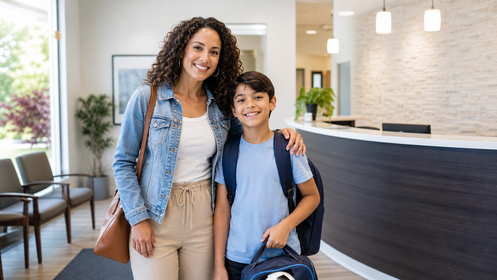 Parent and child arriving for a summer dental checkup at an Oshawa family dental clinic