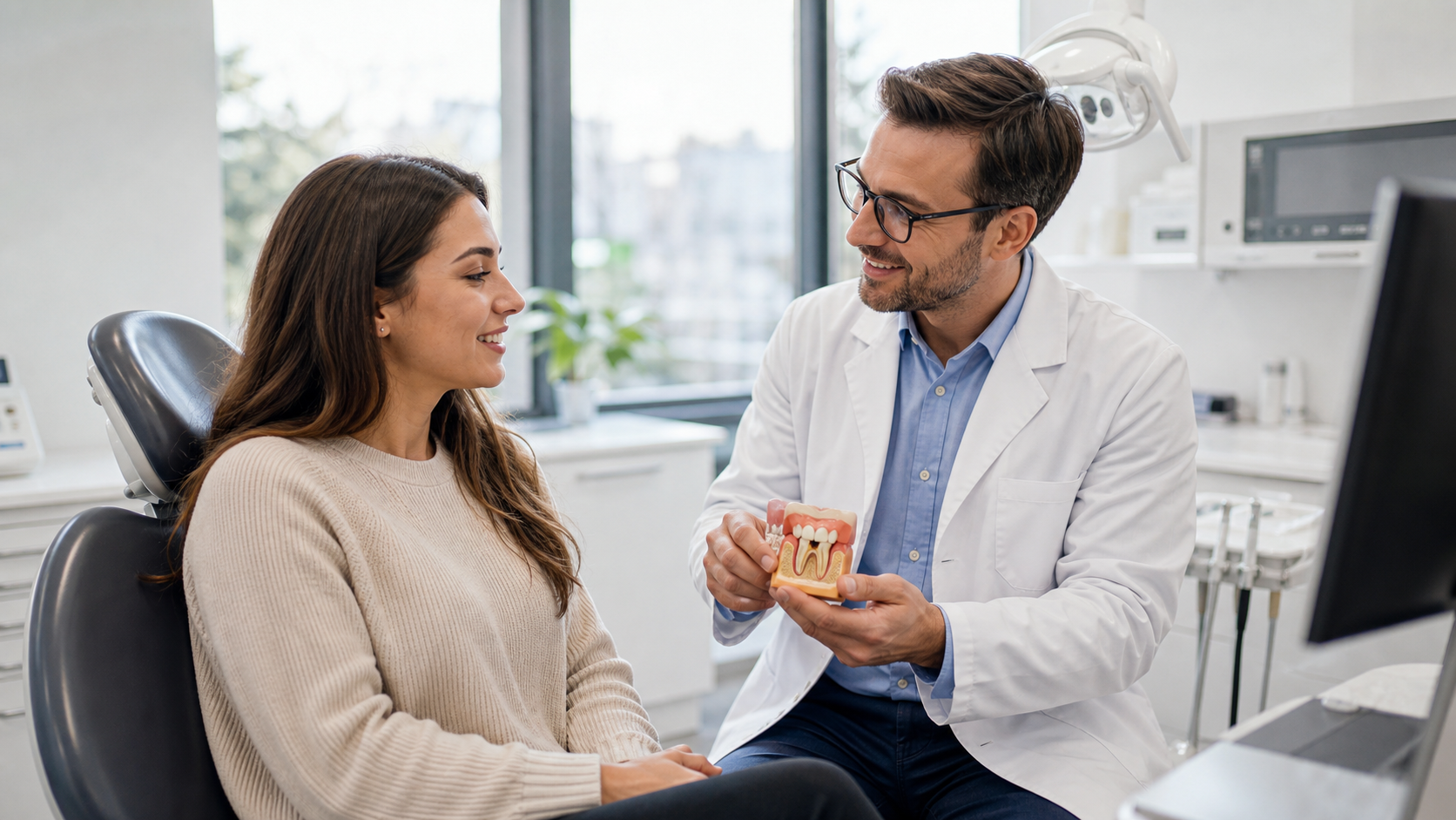 Dentist calmly explaining cavity checkups and dental fillings to a patient in a modern dental clinic