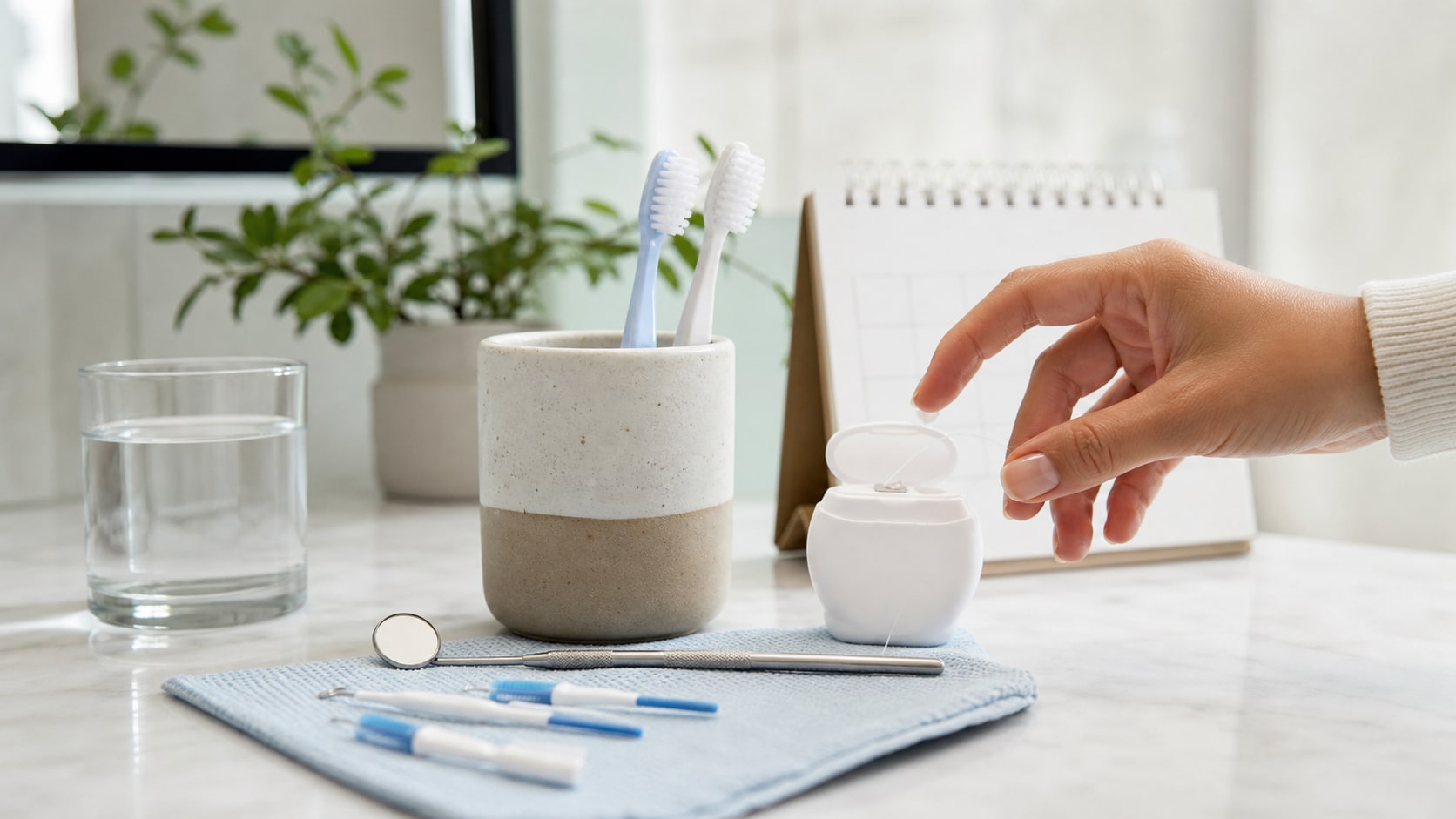 Toothbrushes, floss, and dental mirror arranged for preventive oral care