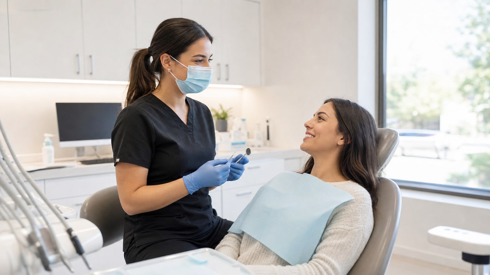 Dental hygienist discussing a routine cleaning with a patient in a bright dental clinic
