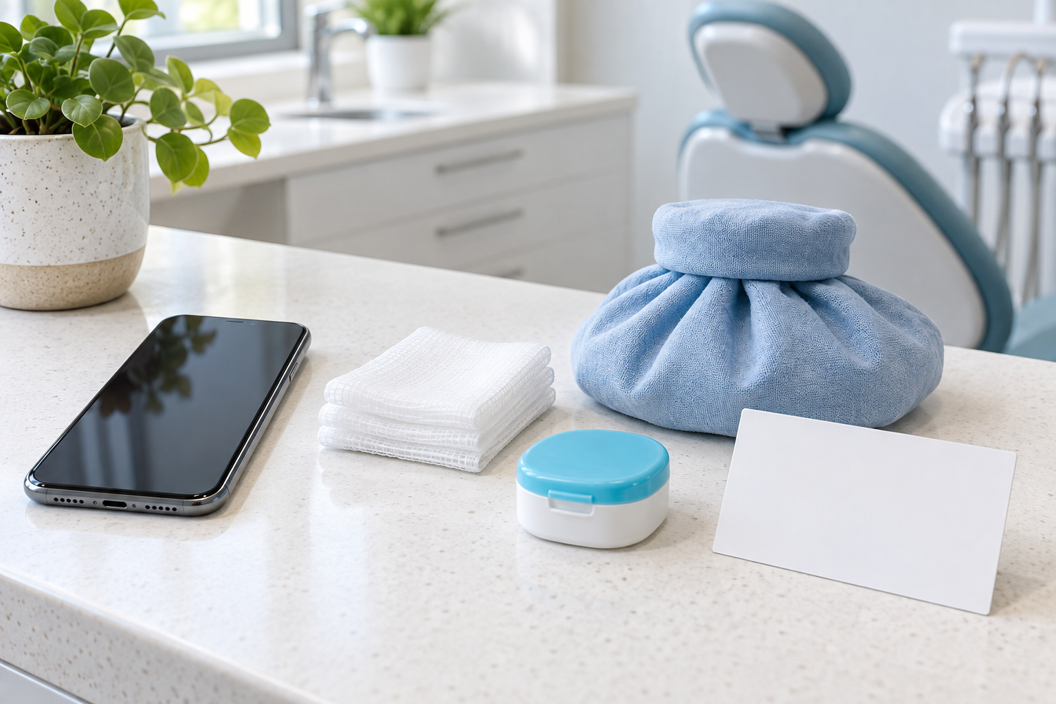 Organized dental emergency preparation supplies including a phone, gauze, cold pack and storage container