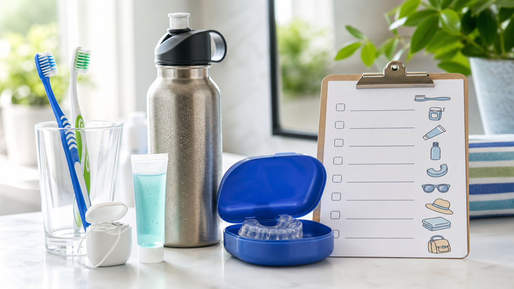 Summer dental care travel kit with toothbrushes, floss, toothpaste, water bottle, and mouthguard case