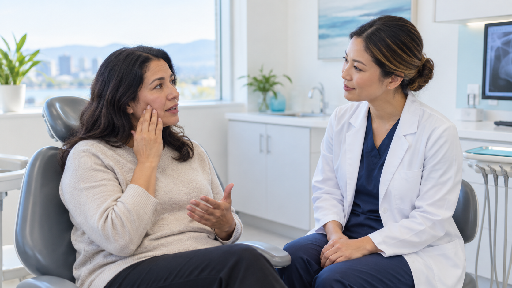 Patient discussing tooth pain with a dentist during an emergency dental consultation in Oshawa